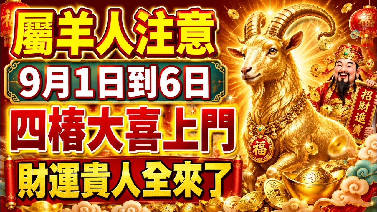 屬羊人要翻身了！9月1日～6日四喜臨門，正財偏財齊爆發，貴人、福氣全來了!#生肖羊 #生肖運勢 #屬羊運勢 #生肖命理 #十二生肖 #人生轉折 #運勢翻盤 #好運來臨 #生肖解析 #命理分析 縮圖