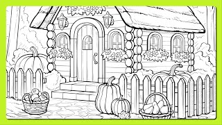 Fall Cottage House with Pumpkin Garden Decor Color by Number #coloringbook