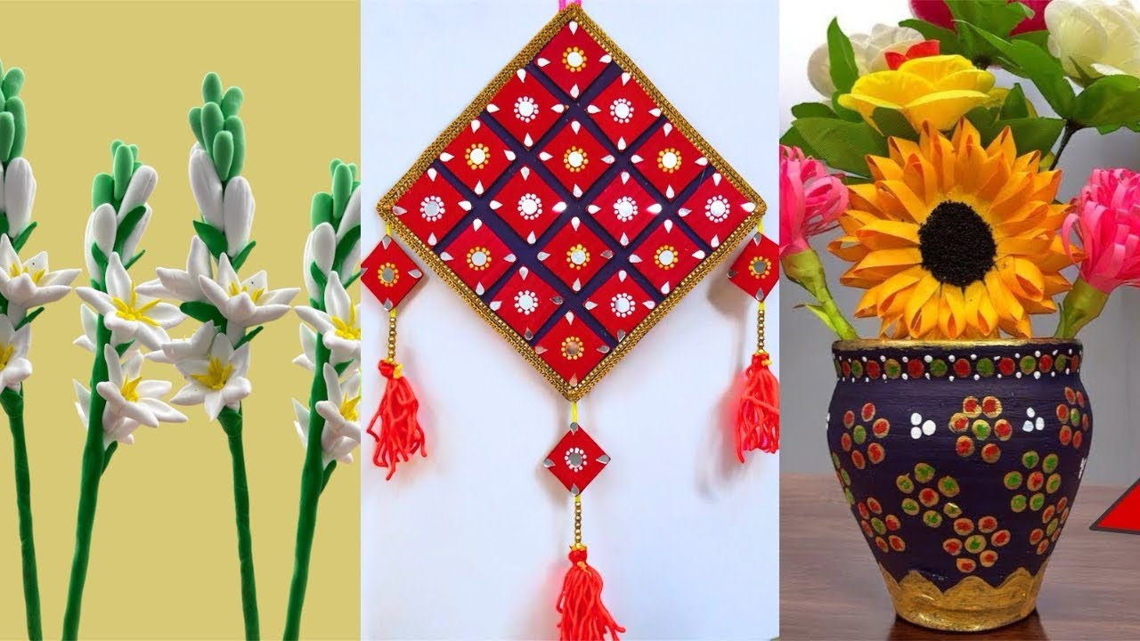 DIY Home Decorations 3 ideas Wall Hanging ,Rajnigandha Flowers With Clay ,Hand -Painted Flower Vase