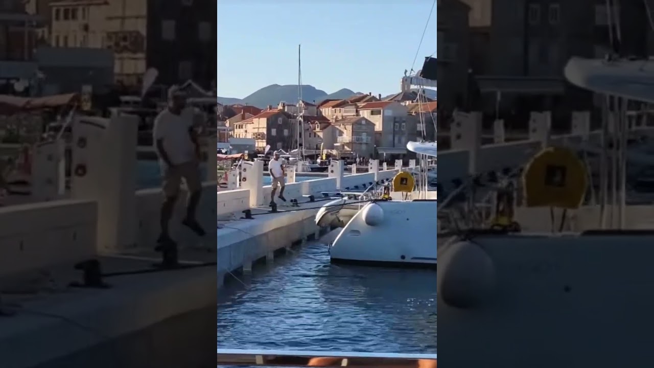 Wave crushing Lagoon 450F into pier in Croatia Video: junak73 