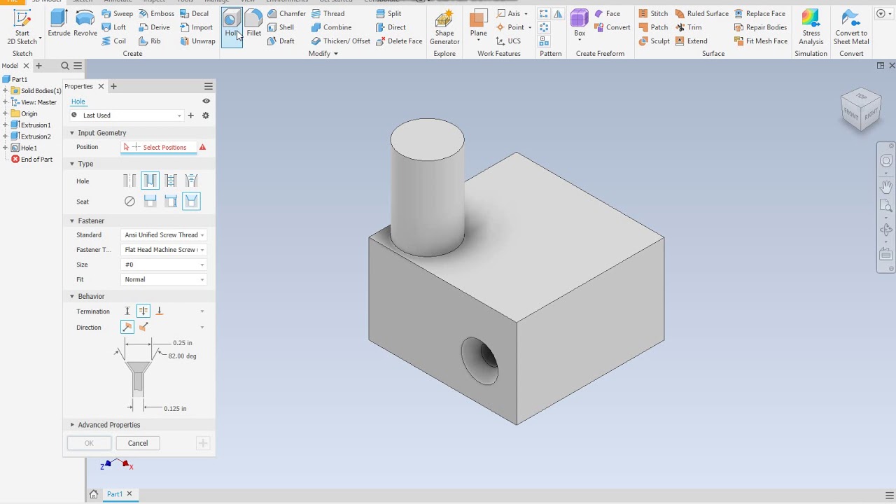 Inventor 2020: Holes tool.