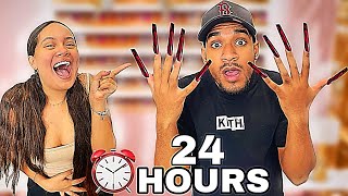 MY BOYFRIEND WEARS SUPER LONG ACRYLIC NAILS FOR 24 HOURS!!! *HE CRIED*