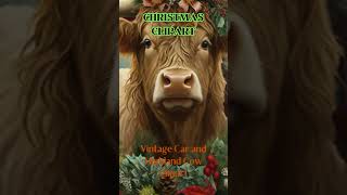 Christmas Vintage Car and Highland Cow Clipart