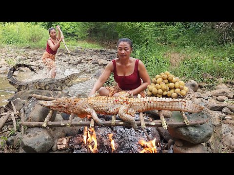 Find meet Crocodile for food in forest, Crocodile roasted for food of survival - Cooking in forest