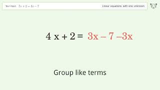 Linear equation with one unknown: Solve 7x+2=3x-7 step-by-step solution