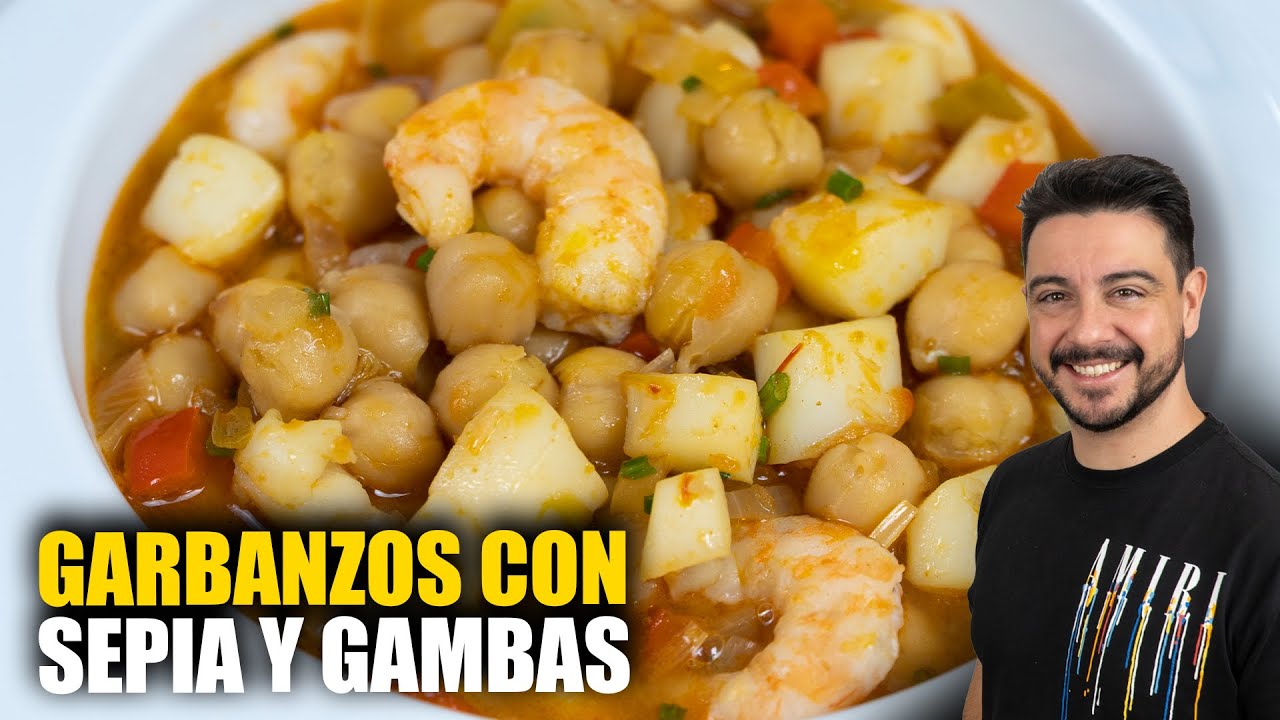 Garbanzos con sepia y gambas 🦑🦐 Receta fácil y casera