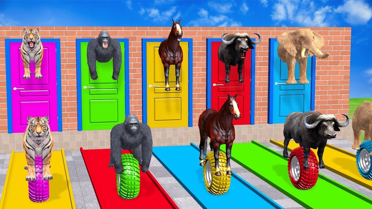 Long Slide Game With Cow Elephant Gorilla Hippopotamus Tiger - 3d Animal Game - Funny 3d Animals