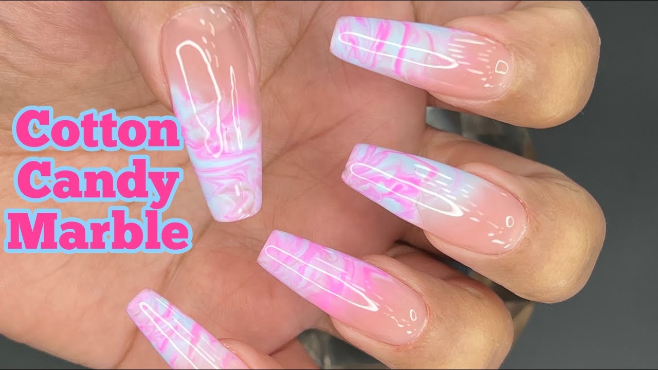 How to apply full cover gel tips + easy nail art cotton candy marble