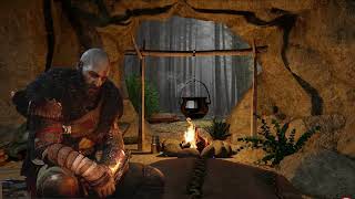 Meditate with Kratos God of War in a Rainy Forest Cave - Crackling Fire Rain Wind Thunder Sounds screenshot 3