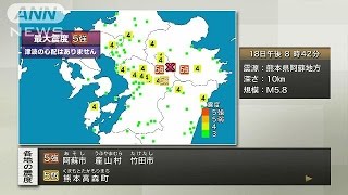 【速報】熊本県阿蘇、大分県西部で震度5強(16/04/18)