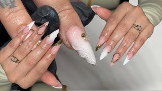 Work with me almond acrylic nails, gold accents 3d gel 🤍✨