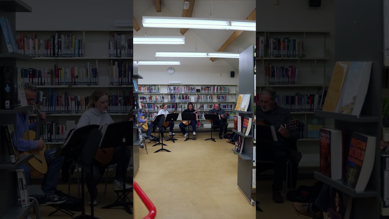 Gitaarensemble treedt op in de bib