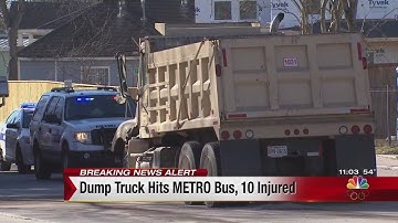 Dump truck hits METRO bus, 10 injured