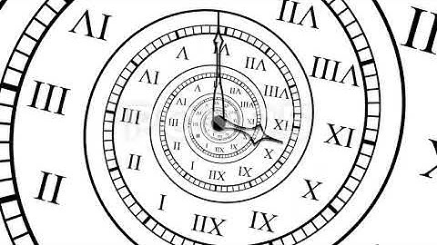 endless looping spiral clock with minute and hour hands, abstract time passin