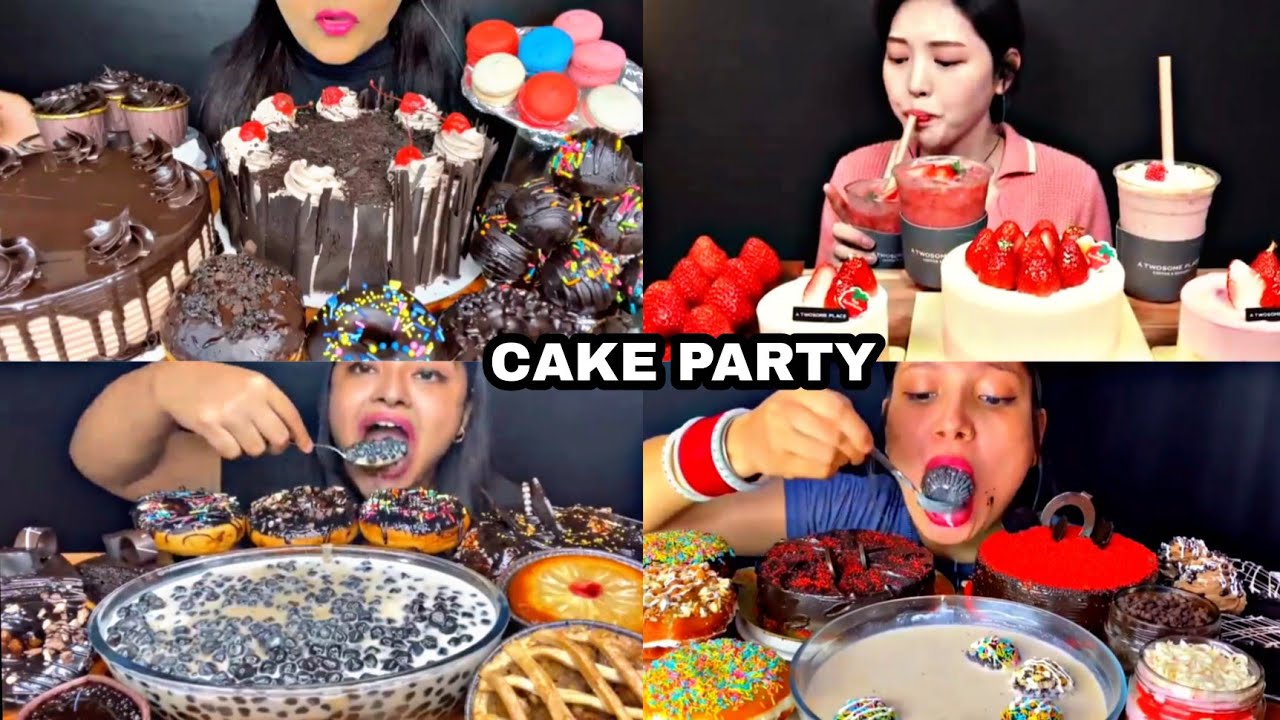 ASMR EATING CHOCOLATE CAKE, DONUTS, BOBA TEA, CUP CAKES, PASTRY| CAKE PARTY MUKBANG 🥳 |Foodie India|