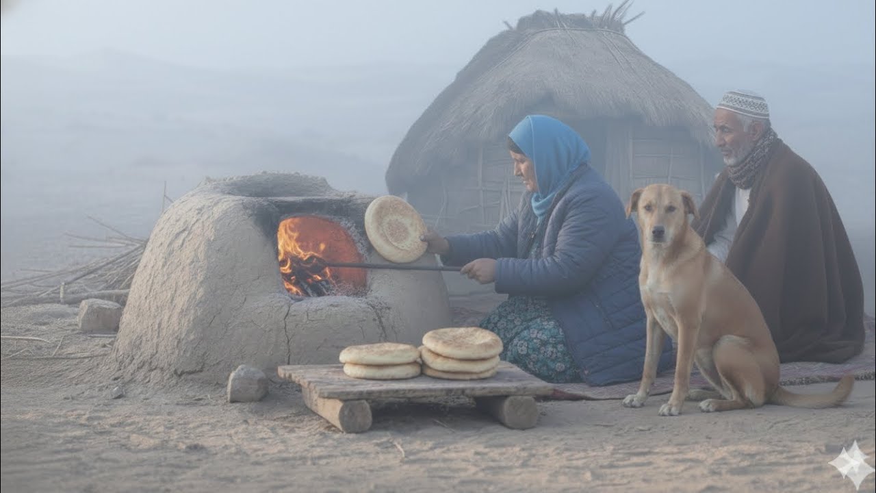 Old Couple Cooking Bread in Freezing Desert | Peaceful Desert Village Life in winter ❄️🥶