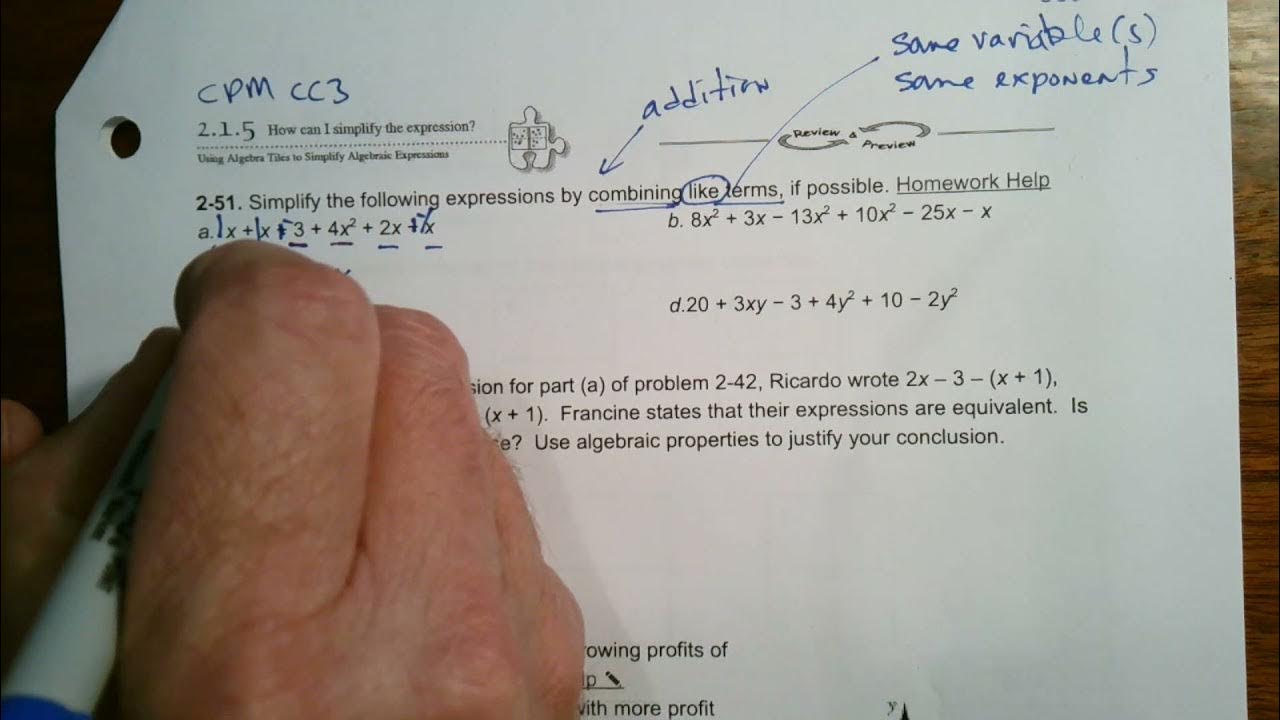 CPM CC3 Section 2.1.5 #2-51 (Combining like terms) - YouTube