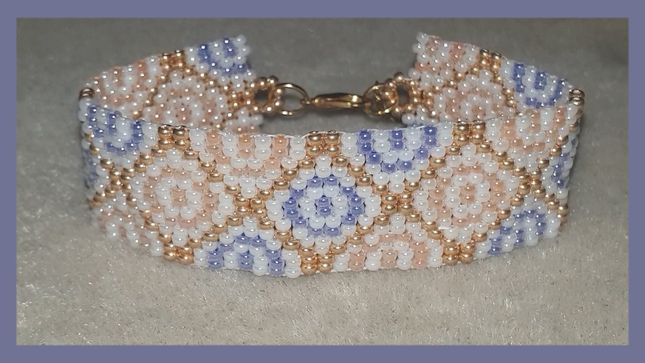 Bracelet tissage peyote double doré blanc violet et rose