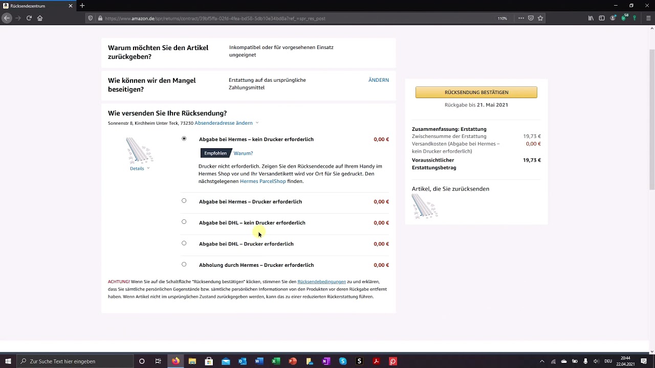 Update Amazon Paket zurücksenden