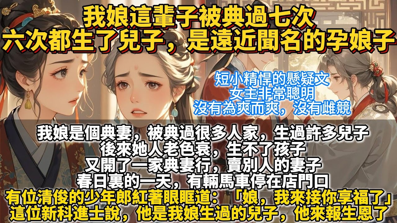 完結環環相扣懸疑文：我娘這輩子被典過七次，六次都生了兒子，是遠近聞名的孕娘子。我娘是個典妻，被典過很多人家，生過許多兒子。 後來她人老色衰，生不了孩子。 又開了一家典妻行，賣別人的妻子。