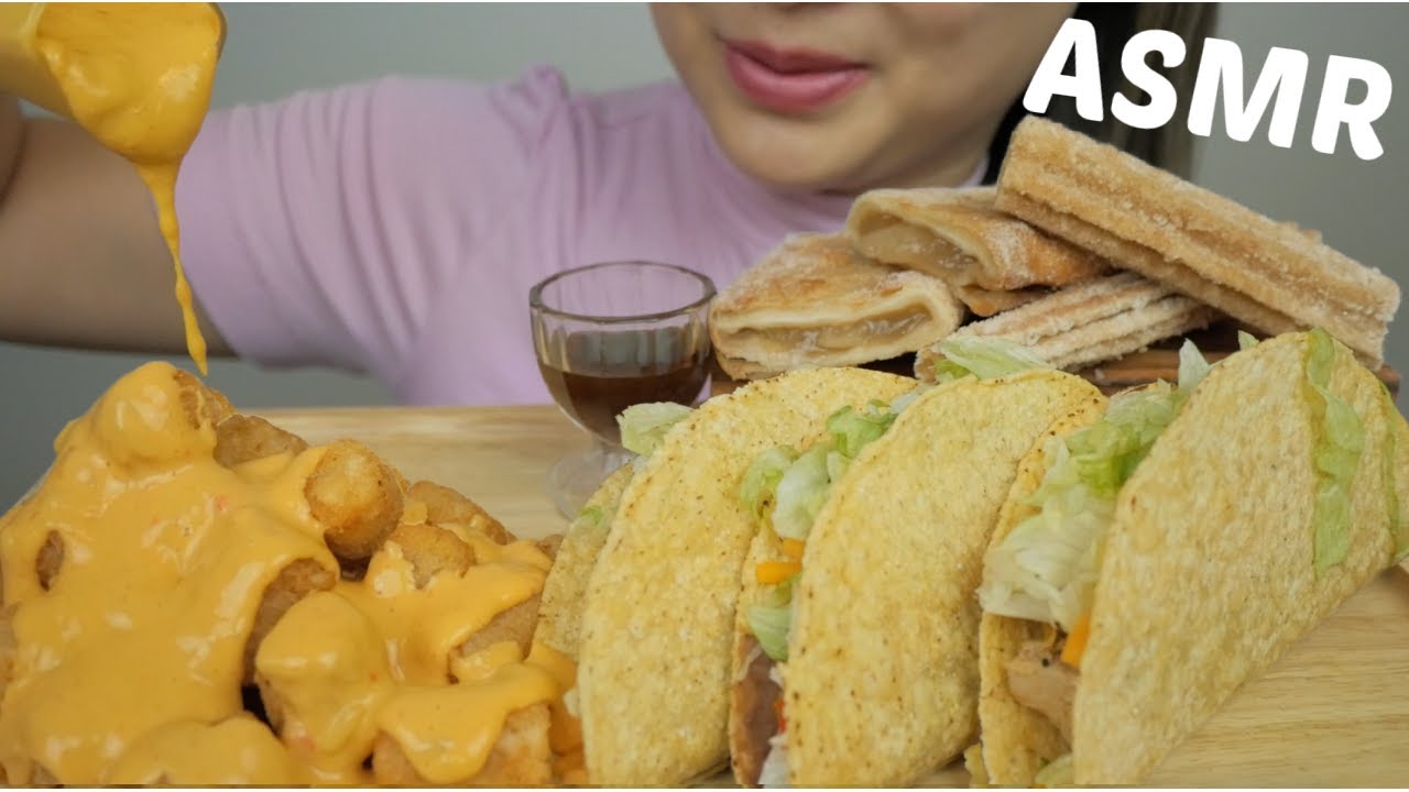 Chees Mexi Fries, Chicken, Beef and Refit Bean Taco with Churro and Apple Empanada NO Talking ASMR