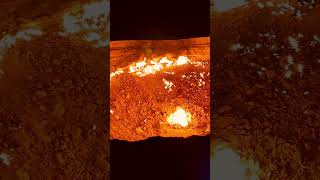 Burning Gas Crater Filmed Up-Close During the Night