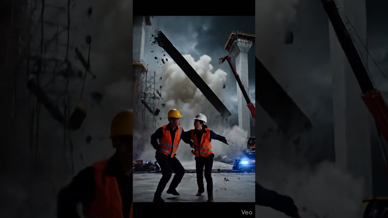 AI VIDEO A realistic cinematic disaster scene at a large bridge construction site.