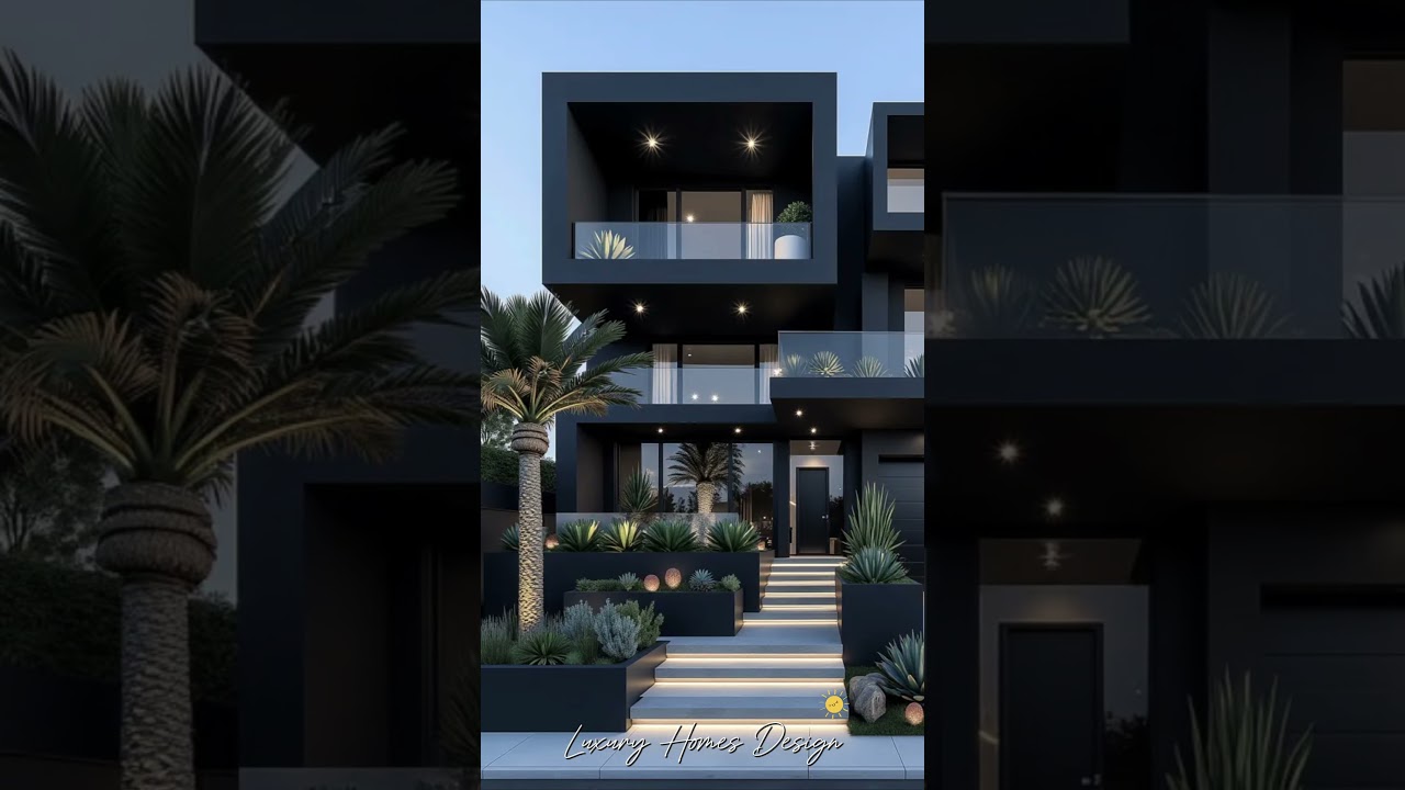 Futuristic Elegance: A Bold Black Cubic Villa with Warm Lighting Accents