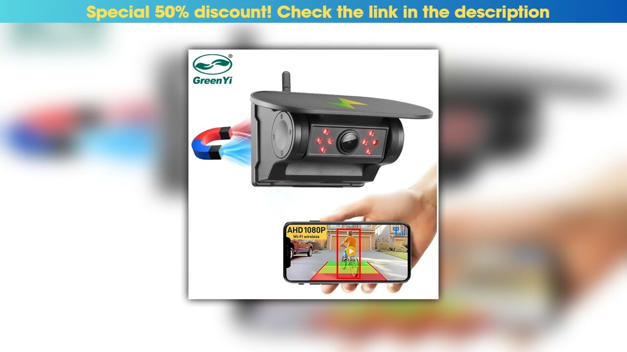 Get GreenYi 5G WiFi HD Solar Car Camera 100M Magnetic Base Wireless AI Blind Spot Alarm Backup For•