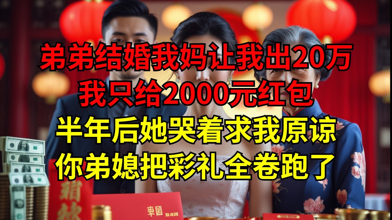 弟弟结婚我妈让我出20万，我只给2000元红包，半年后她哭着求我原谅：你弟媳把彩礼全卷跑了
