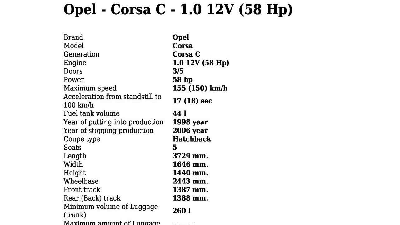Opel Corsa C 1 0 12v 58 Hp Technical Specifications Youtube
