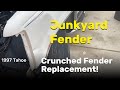 1997 Chevy Tahoe fender replacement. Fixing the crunched two-tone fender with a junkyard one. #OBS