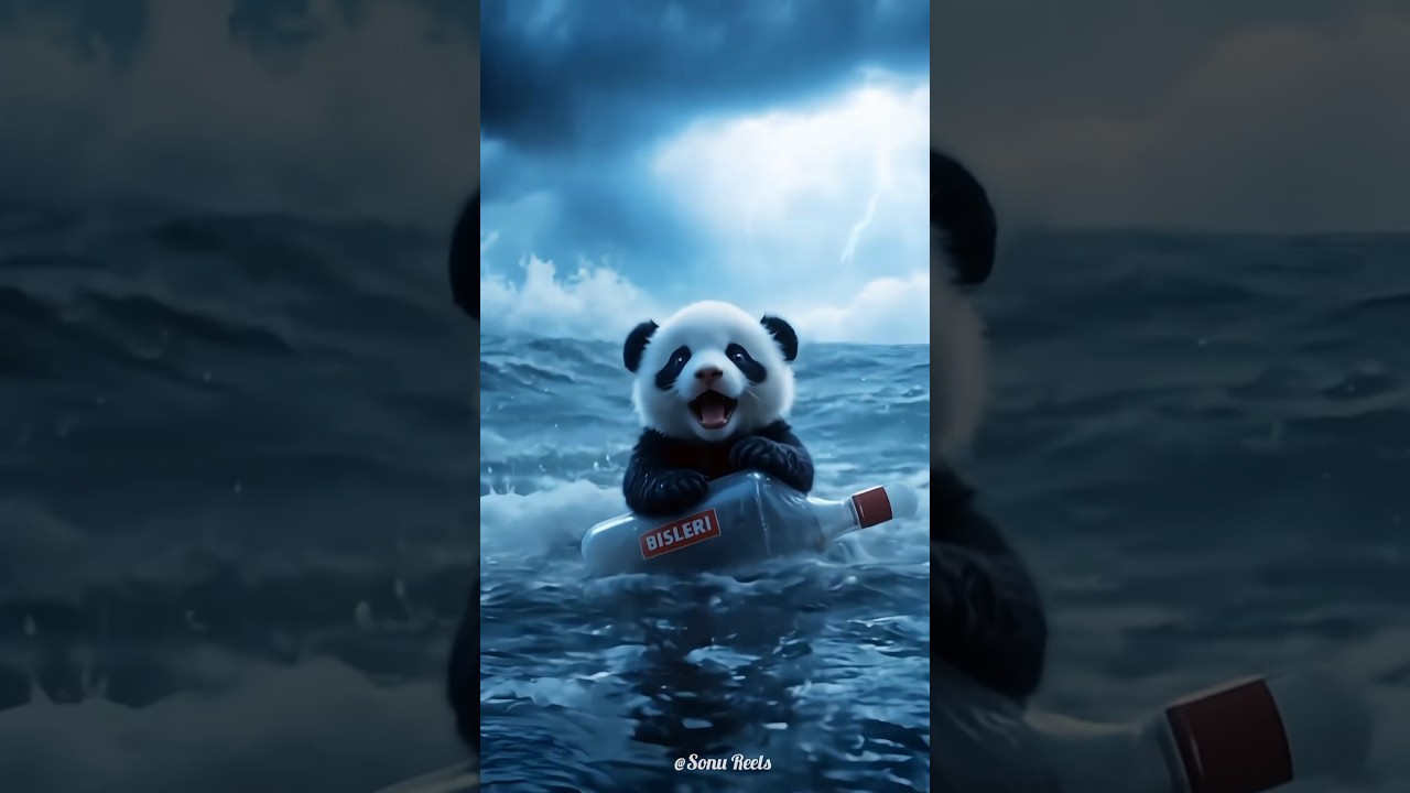 A little panda floating in the middle of a heavy rainstorm 