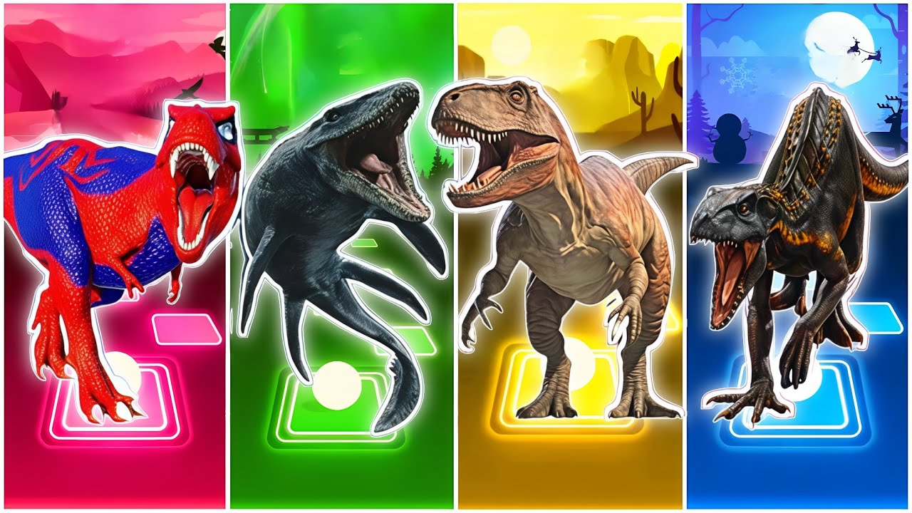 JurassicWorld T-rex Spider🆚The Mosasaurus🆚The Tyranosaurus🆚The Indoraptor CoffinDance Song TilesHop
