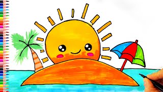 Ada, Deniz ve Güneş Çizimi 🌞 Deniz Resmi Çizimi - Güneş Resmi Çizimi - Ada Resmi Çizimi Resimi