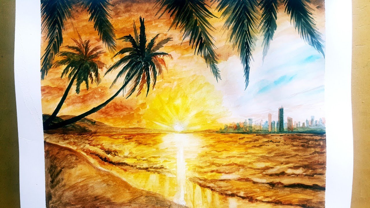 Sunset Beach Landscape Painting For Beginners Using Watercolor Step By