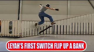 Girls first switch kickflip up a bank!