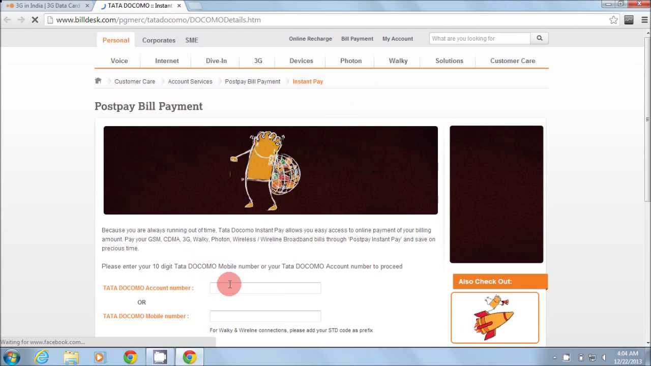 Tata Docomo Bill Payment For Online Via Net Banking Youtube