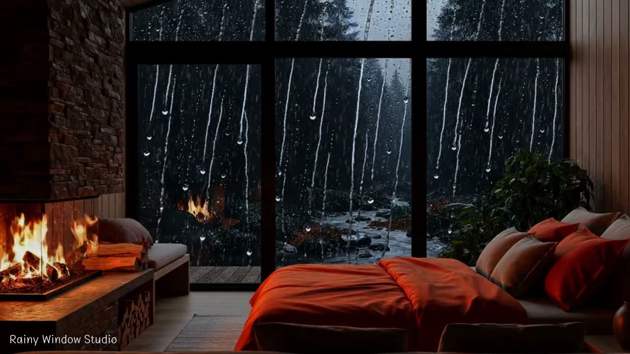 Relaxing Rain on Window 🔥 Cozy Fireplace Sounds for Stress Relief