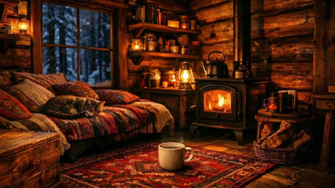 Winter Silence Broken by Fire 🔥 | Snowstorm Outside a Cozy Cabin Room