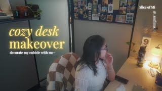 cozy desk makeover | office cubicle, pinterest inspired, creamy/thocky keyboard, decorating