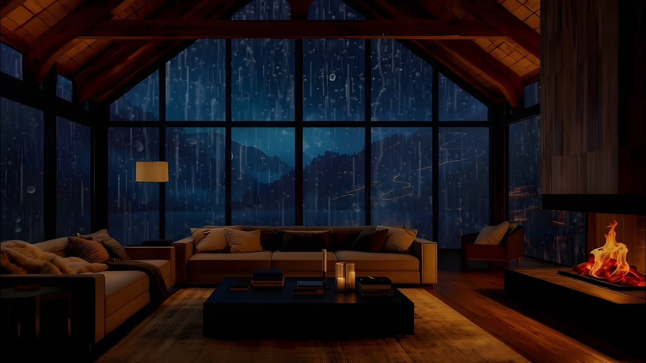 Peaceful Rain & Fireplace in a Warm Loft Cabin | 4K Sleep Ambience