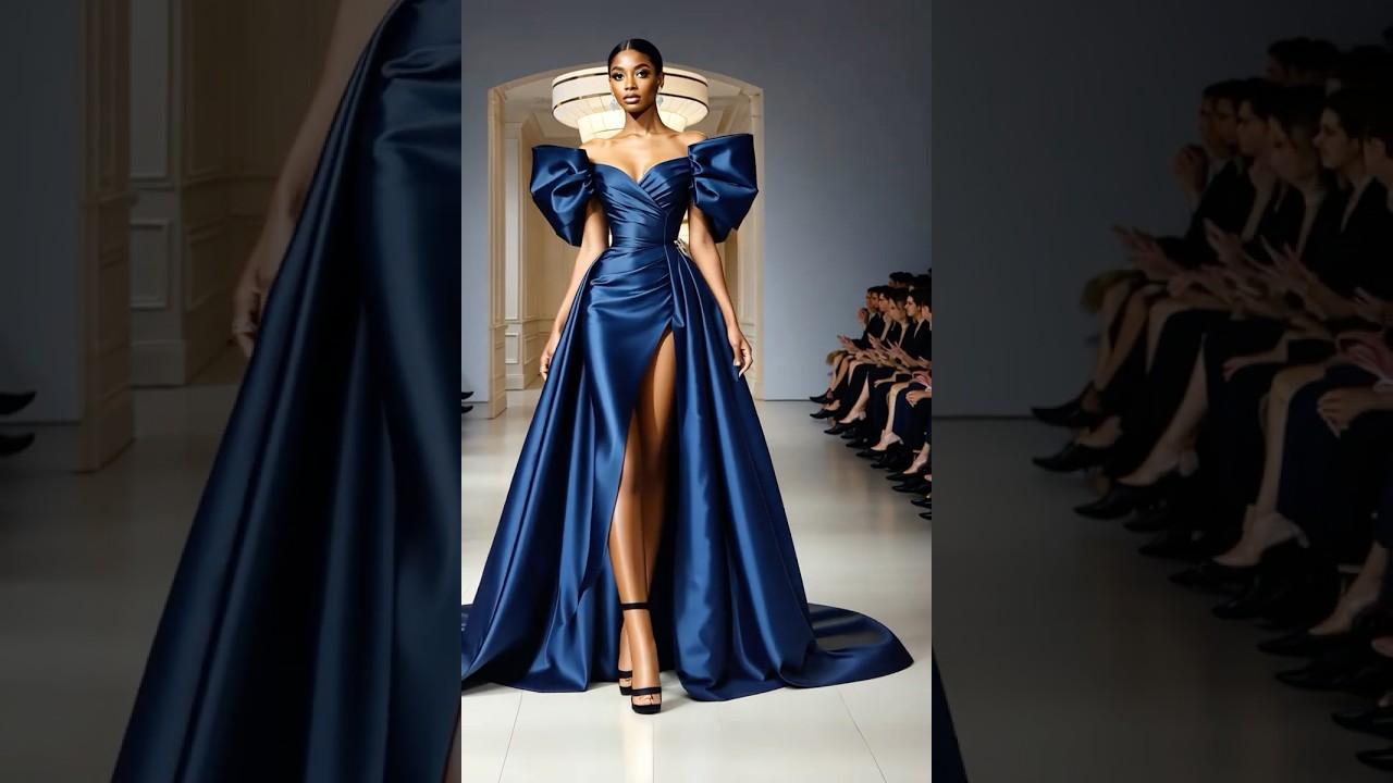 Midnight Elegance | Navy Blue Satin Gown with Puff Sleeves & Thigh Slit | Luxury Red Carpet Fashion