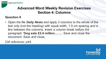 ECDL Coventry University: Advanced Word Weekly Revision Paper Question 8 - Columns