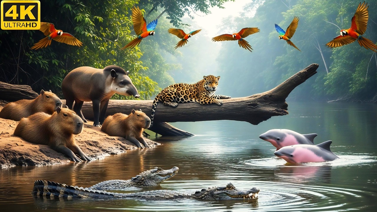 Relaxing Walk in the Amazon : Sloth Cuddles, Giant River Otters, Tapirs & Jaguar Family (4K HDR)