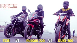 Pulsar 220 VS Duke 200 VS Yamaha FZ25 Race | Top End | Highway Battle