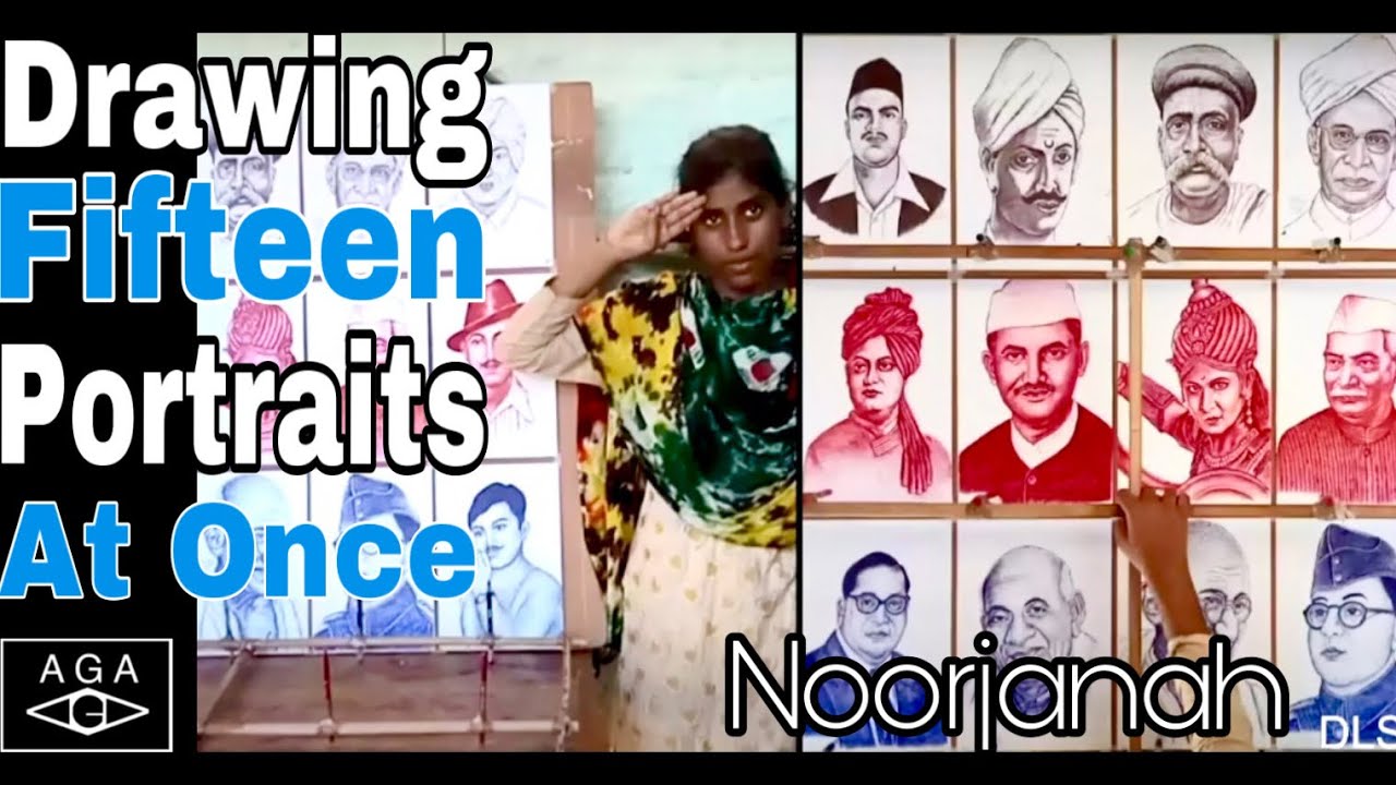 A talented Girl drawing 15 portraits at the same time - India 