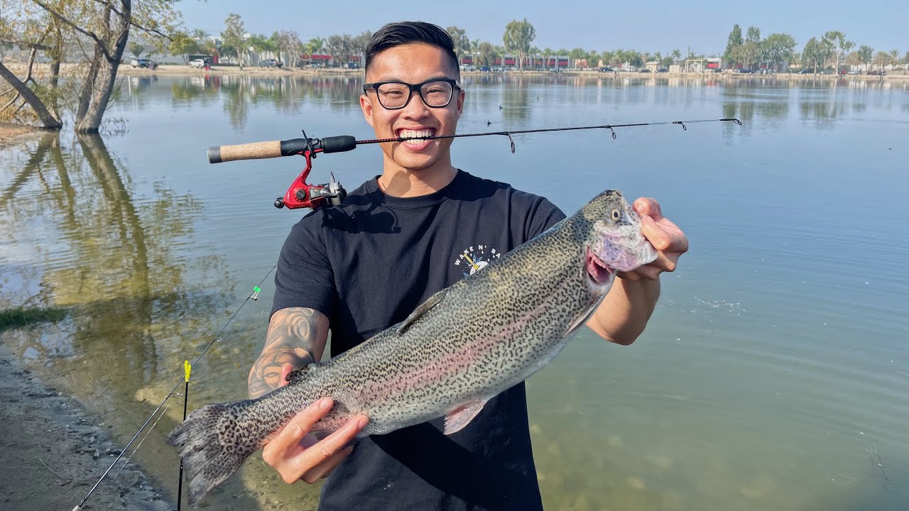 Rainbow Trout Fishing  5LB TROUT ON 2LB LINE at Santa Ana River Lakes 