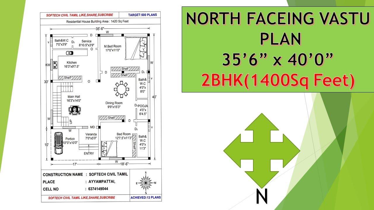 NORTH FACING HOUSE PLAN as per vastu 2BHK 35'6"x40'0" - YouTube