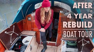 After a 4 YEAR REBUILD: full BOAT TOUR of our tiny floating home. [Vindö 32]